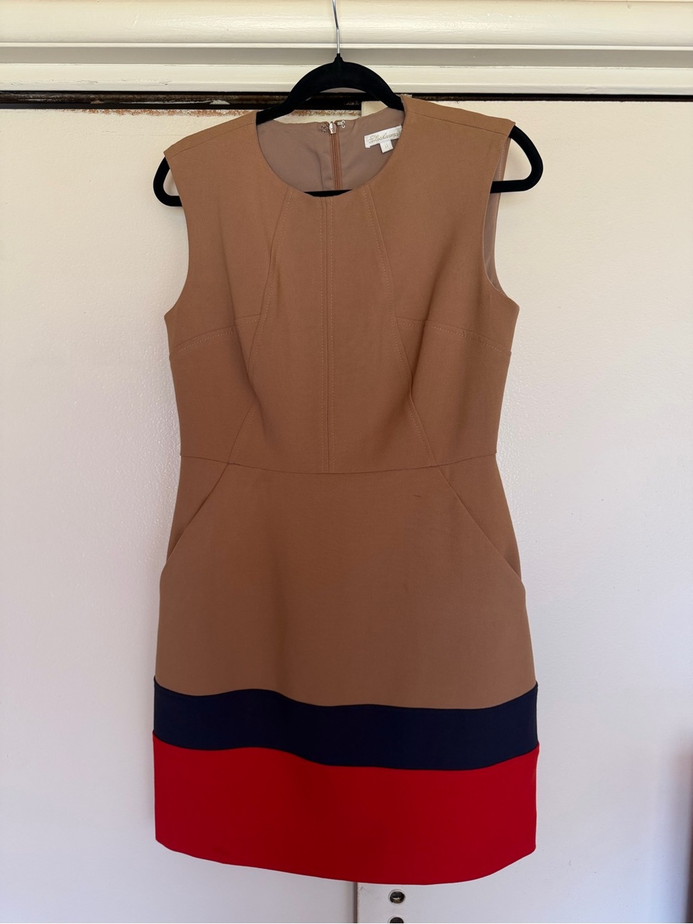 Shoshanna Camel Sheath Dress with Navy and Red Hem Bands